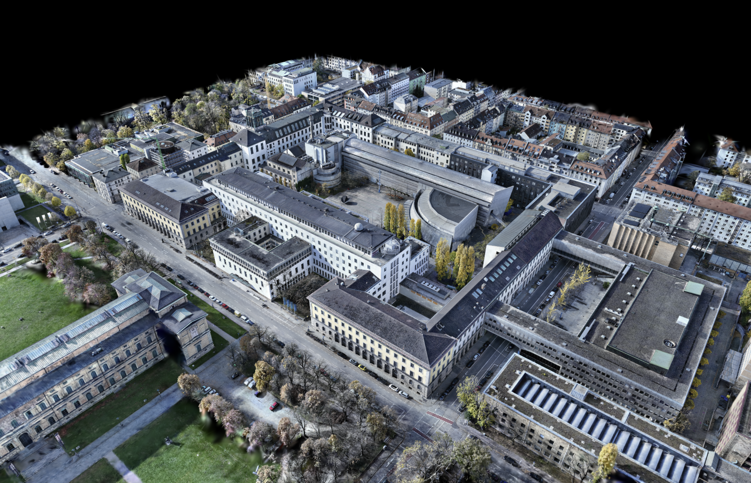 TUM campus in Munich captured as a 3D Gaussian splat scene from an aerial scan