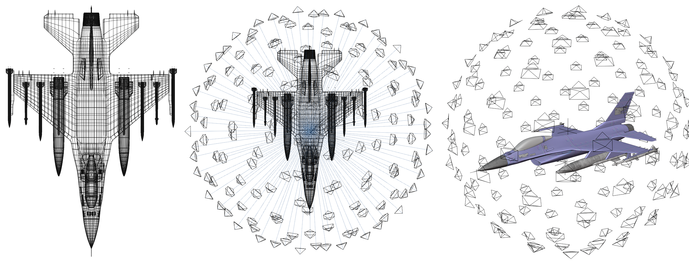 A CAD aircraft model rendered as a 3D Gaussian splat scene, produced without any physical object