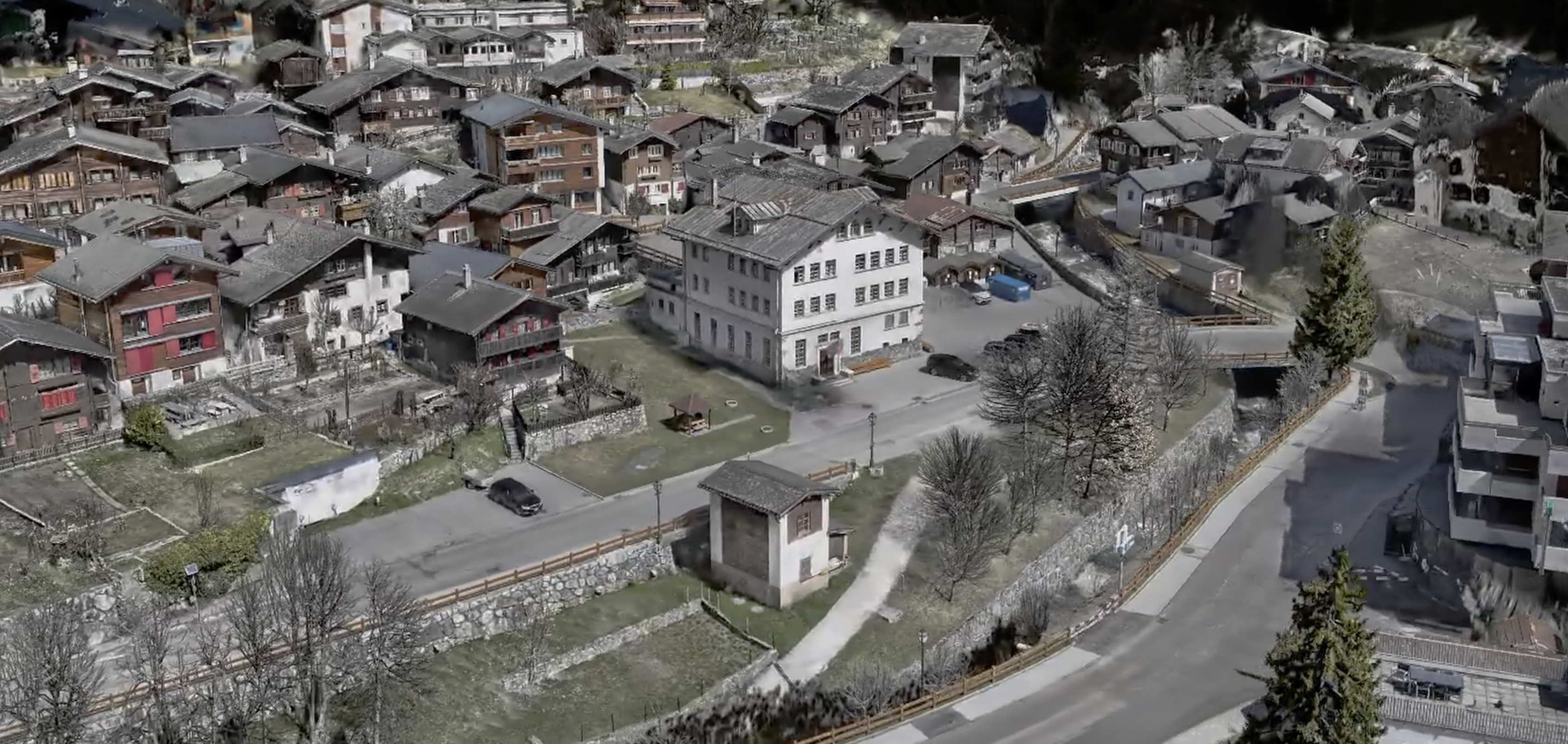 Leukerbad alpine village captured as a 3D Gaussian splat scene from an aerial scan