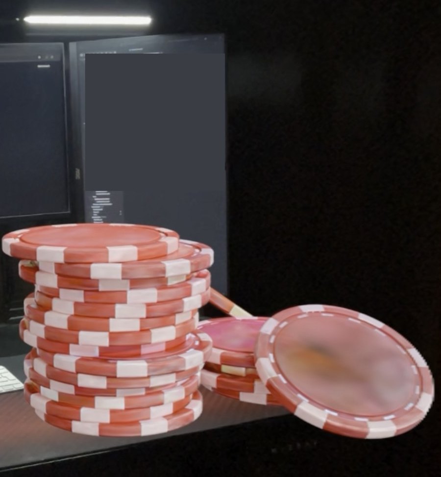 A stack of poker chips reviewed as a Gaussian splat on a standalone XR headset